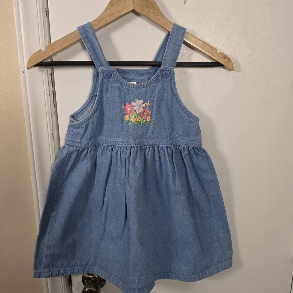 90's Vintage Girls Cotton Toddler Denim Jumper Dress Embroidered Floral Sz 5